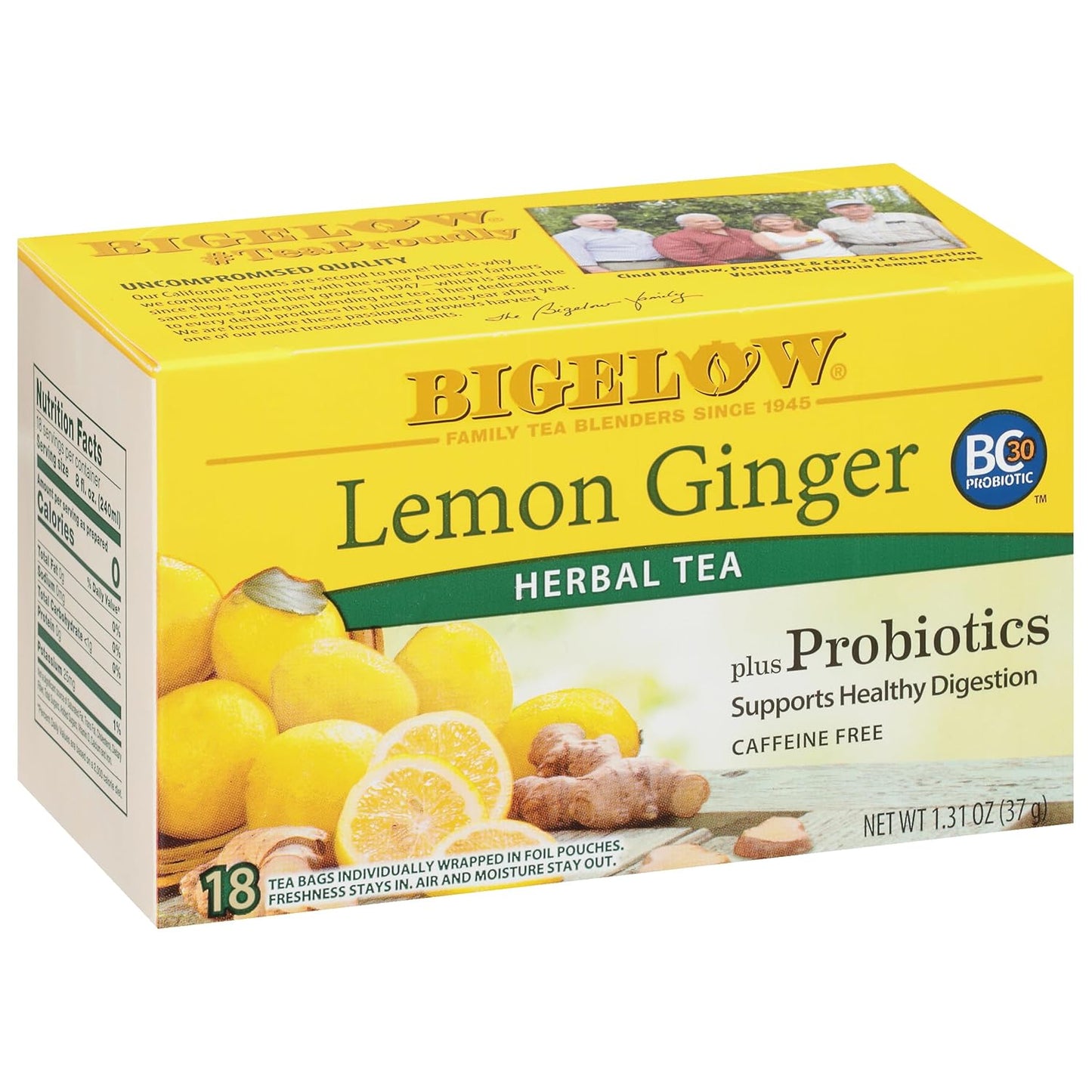 BIGELOW HERBAL TEA Lemon Ginger + Probiotics, 18 Tea Bags