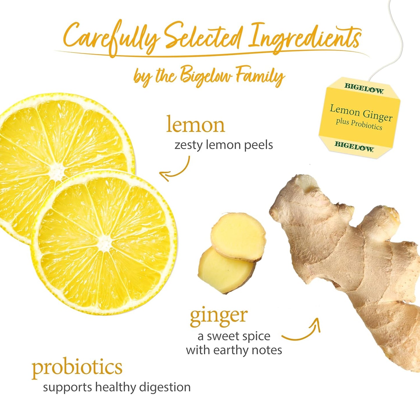 BIGELOW HERBAL TEA Lemon Ginger + Probiotics, 18 Tea Bags